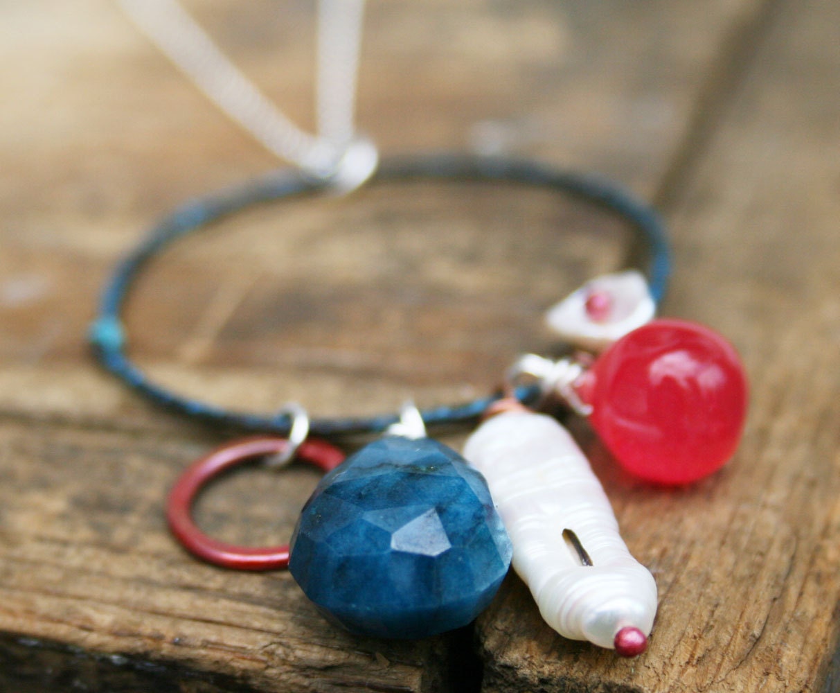Chrysocolla, Quartz, pearl and copper on a large blue loop on sterling silver charm necklace