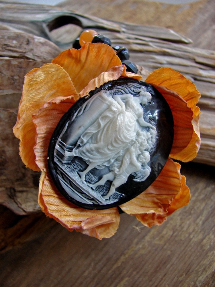 Unique OOAK Vintage Portrait Cameo Cuff Bracelet.....Garden Maiden Caught at Twilight
