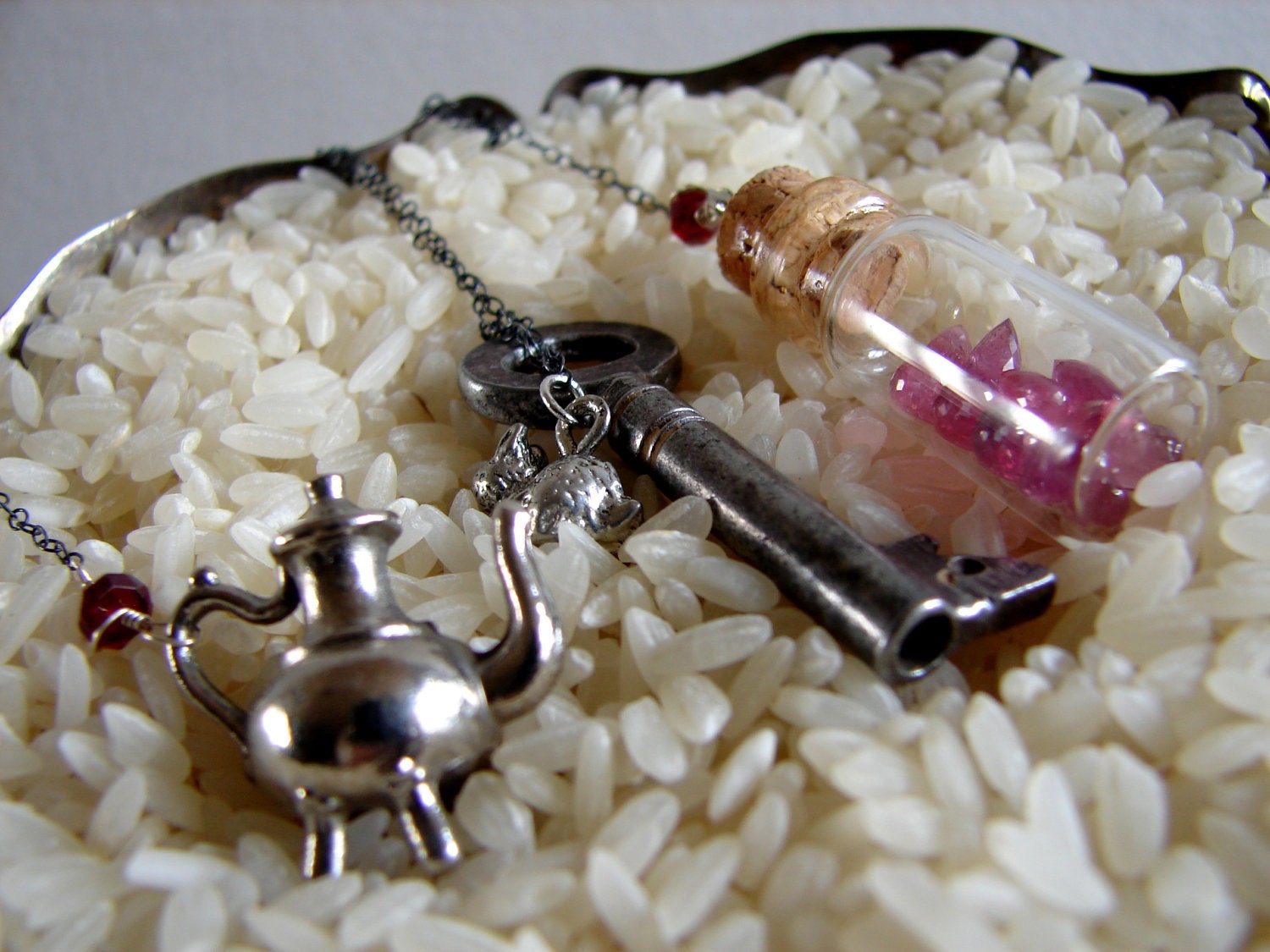 Vintage Teapot Antique Skeleton Key Ruby in a Glass Bottle Necklace OOAK 
