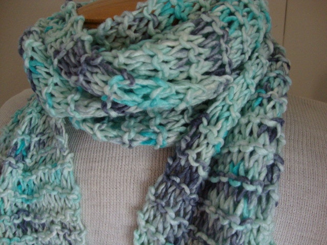 Ice Princess hand knit scarf, very soft wool silk blend, white light blue gray, striped color from handspun yarn