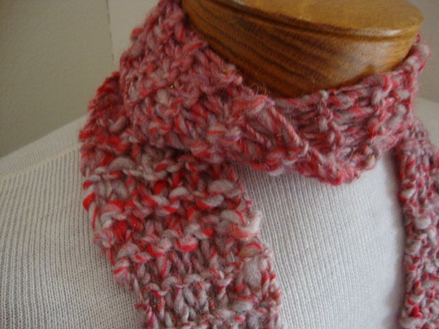 ON SALE Firestar hand knit skinny scarf, red and gray handspun wool with shiny red bling, I Love You Valentine