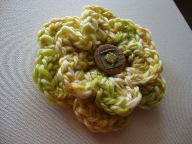 Lemon and Lime flower brooch with handmade sandstone pottery button