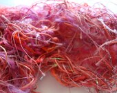 Lightweight moebius cowl, luxury prism art yarn fiber necklace, strawberry pink colors with fringe sparkle and fluff