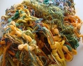 Fancy moebius cowl, luxury prism art yarn fiber necklace, summer citrus colors with fringe sparkle and fluff