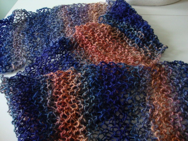 Sapphire Gem handknit scarf, jewel tone colors in handspun wool with a lace look