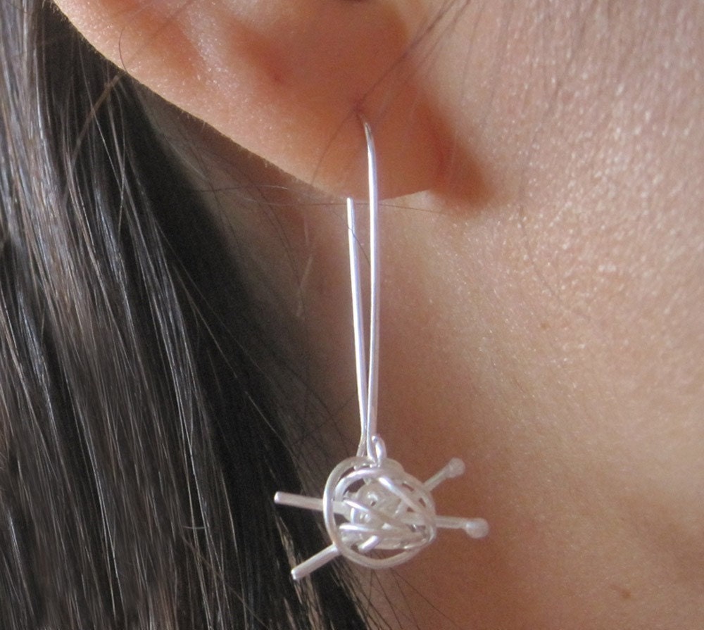 Knit me somethin' earrings - knitting earrings, gift for knitter, for the love of knitting, sterling silver handmade