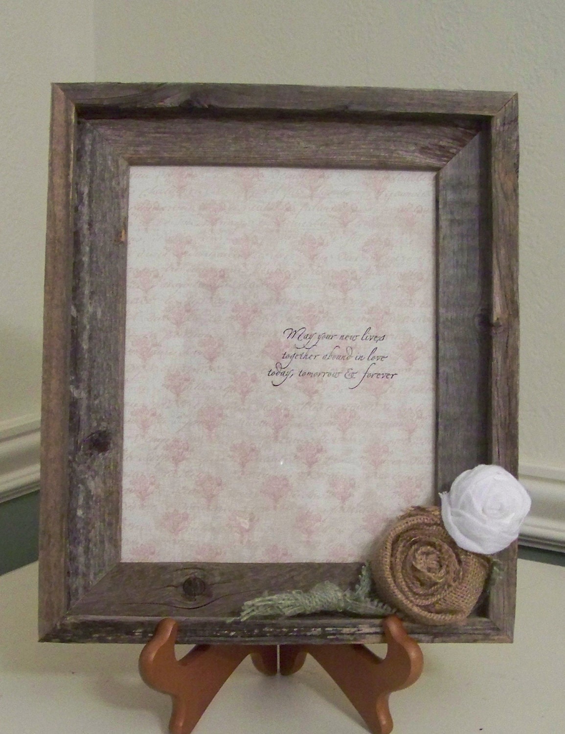 Rustic Wedding Wood Frame with Burlap Rose and Leaves