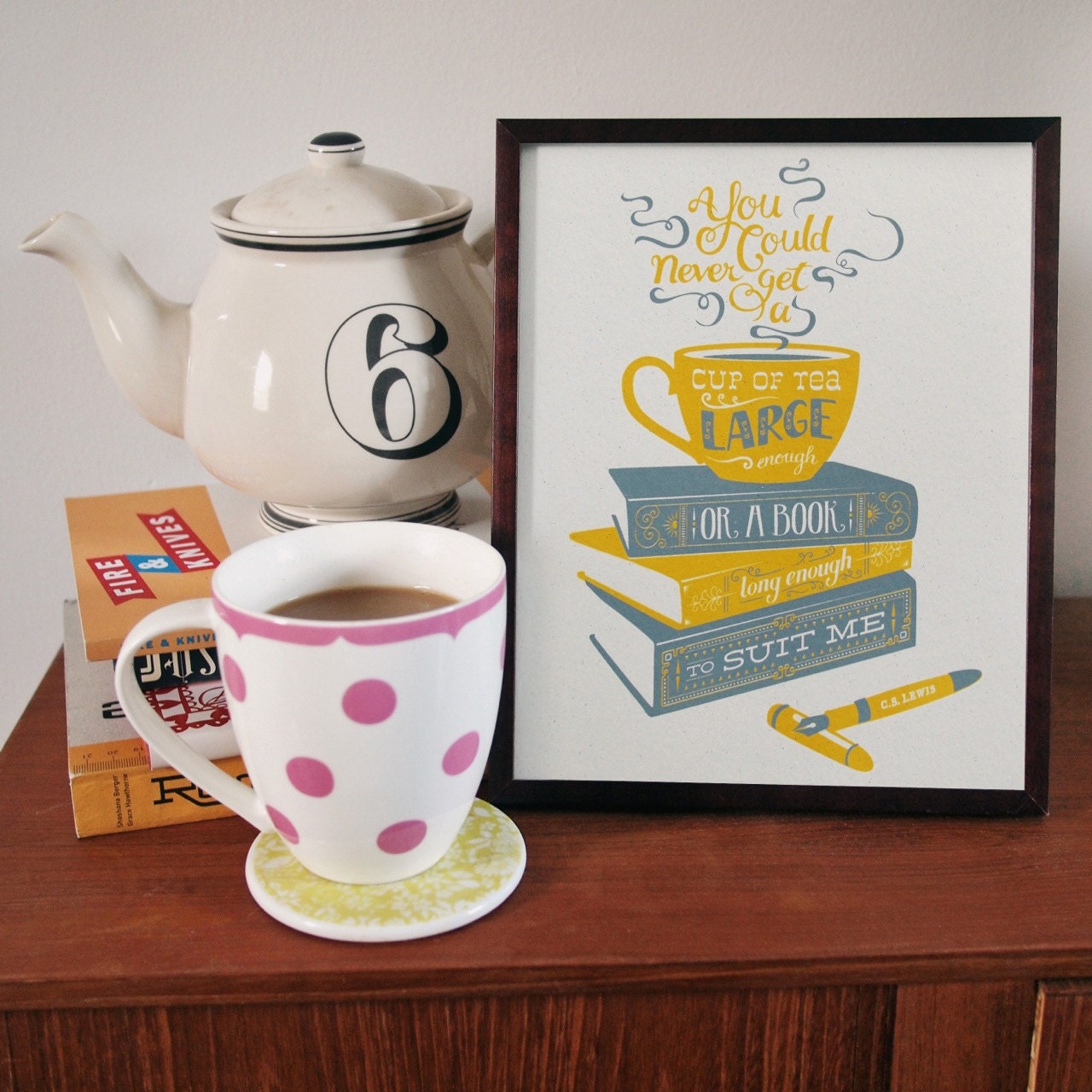Tea and Books - CS Lewis quotation illustration print