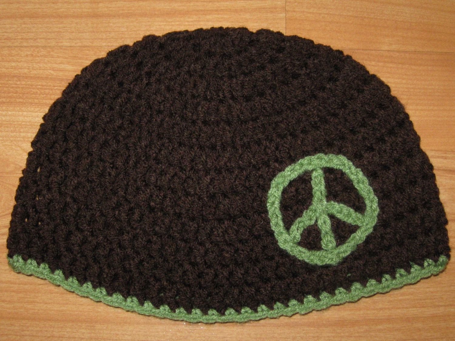 PEACE SIGN Crocheted Beanie Hat - Brown/Tea Leaf Green - All Sizes