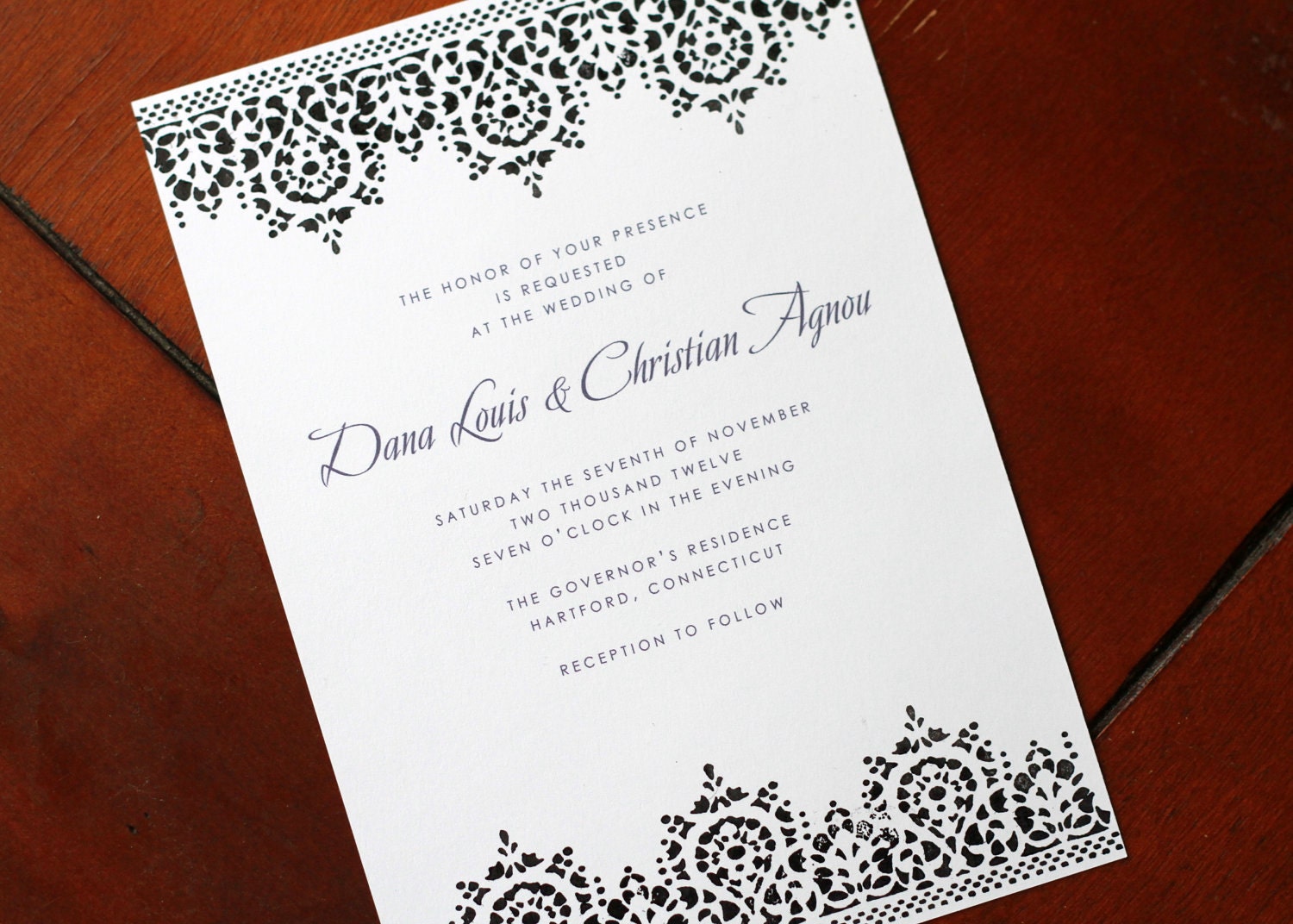 Black and White Hand Stamped Lace Border Invitation Set