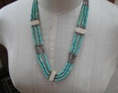 Vintage 70s 80s Turquoise Beads with Molded Findings and Silver Necklace Tribal Ethnic XO