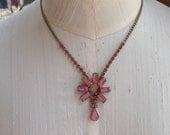 Vintage Pink Opalescent Glass Necklace Rhinestone Chain Spiral with Drop
