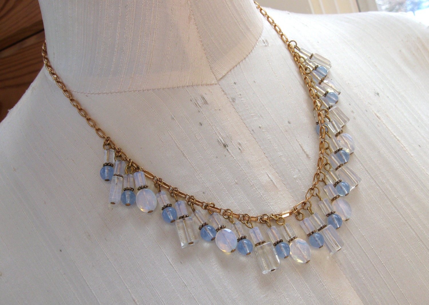 Vintage Opal Bead Necklace Opalescence Great Colors and Form Pretty Gold Chain