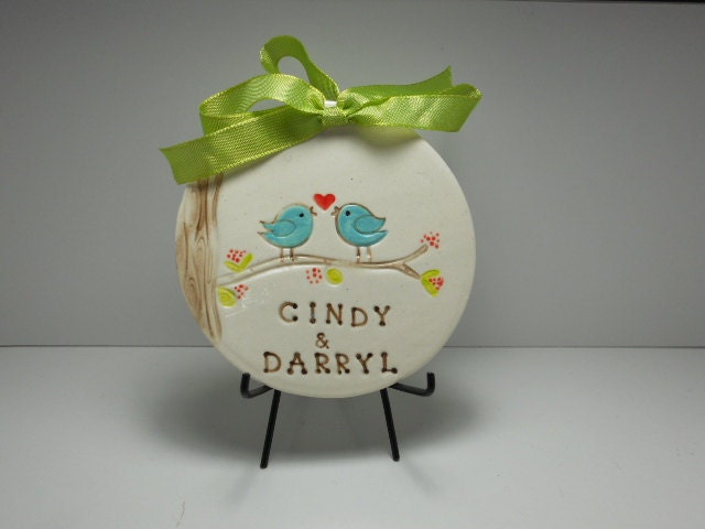 Personalized bluebirds on branch ornament for wedding - wiseimpressions