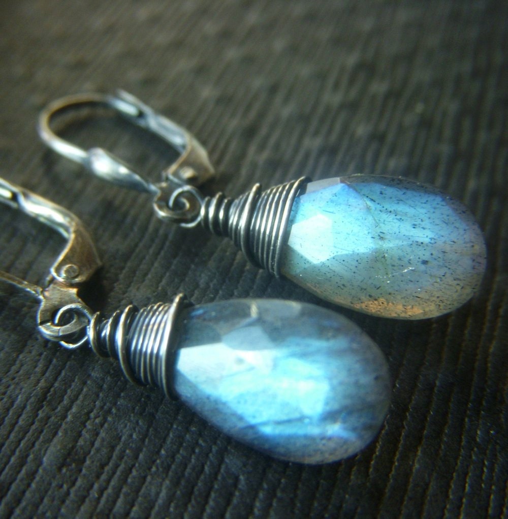 Blue Labradorite Earrings on Oxidized Sterling Leverbacks . Wirewrapped Flashy Briolette . Storm Warning