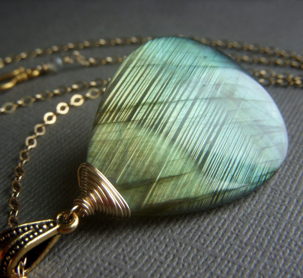 Fiery Labradorite Necklace on Goldfill . Large Wirewrapped Briolette Pendant . Morning Rain