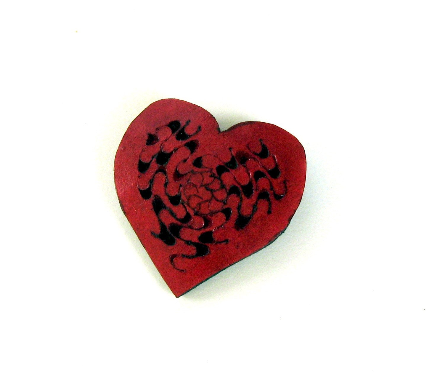 Heart Brooch, Valentine, Carved Gourd Pin, Blood Red, Black