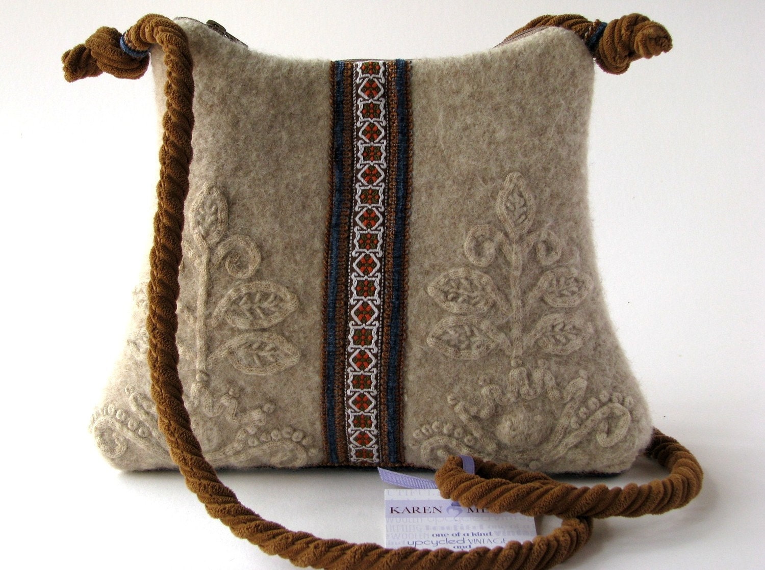 Wheat Colored Boiled Wool Purse With Vintage Trim Detail