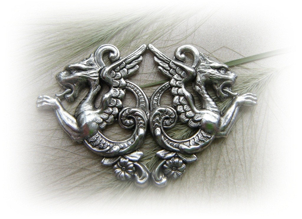 1 - Double Medieval DRAGONS Silver Ox Brass Jewelry Findings (C-12)