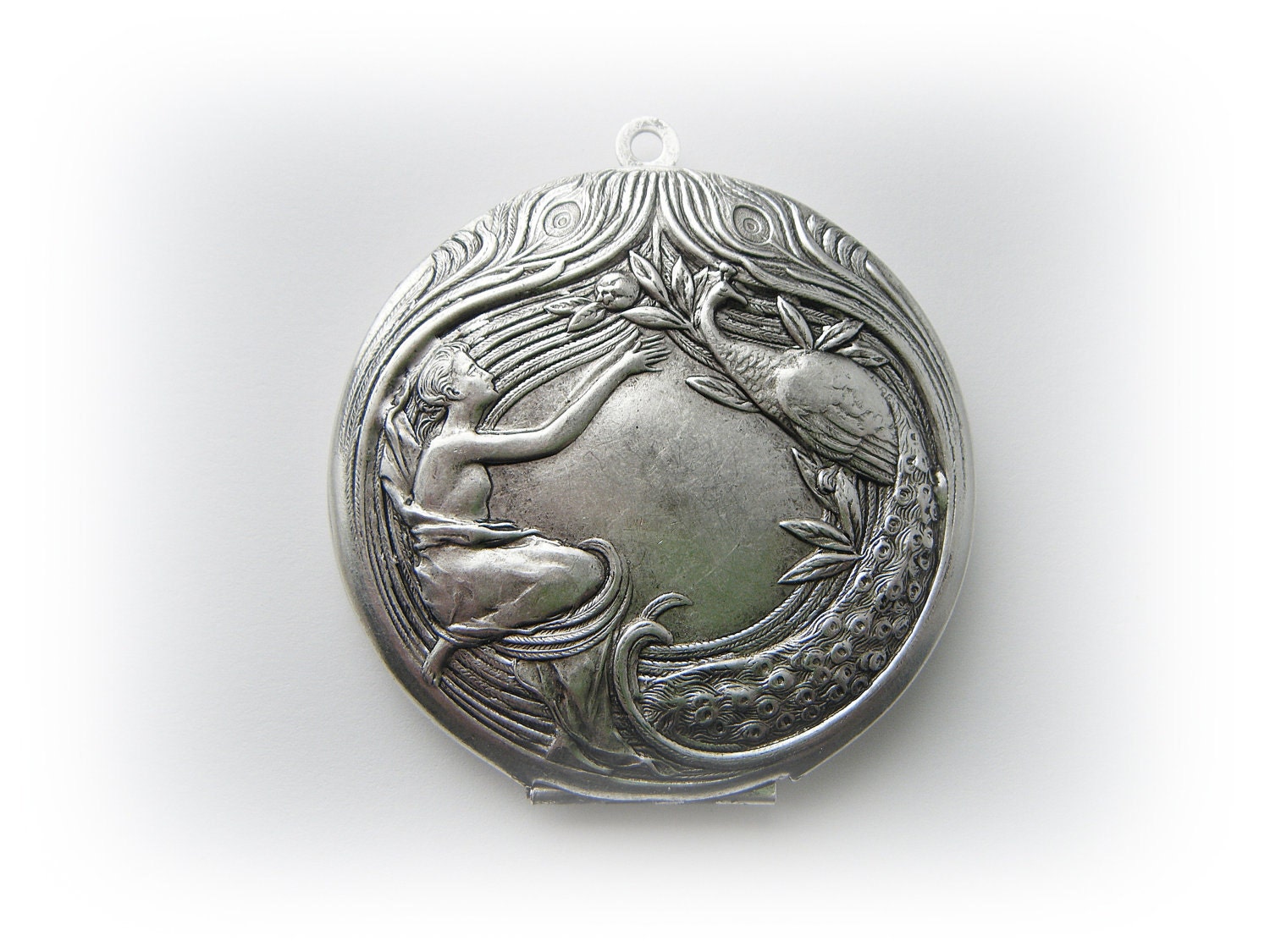 ROUND Peacock and Mermaid Locket Silver Ox Brass