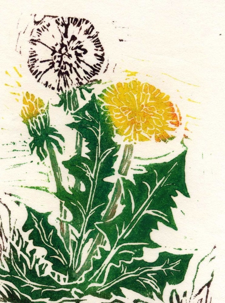 Linocut Print Dandelion by juliabhebner on Etsy