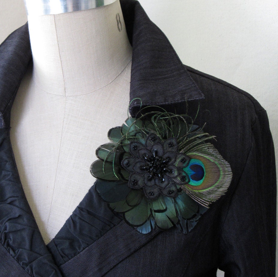 Peacock And Pheasant Feather Rosette Brooch