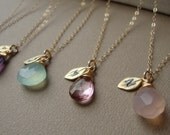 Bridesmaids Necklaces SET of FIVE - Stone and Initial ALL Gold Filled Lovely Gift, Bridal Party, Stamped Leaf, maid of honor,