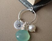 Personalized Necklace with Unique Aqua Teal Chalcedony - All STERLING SILVER- Bridal party, Wedding, Hand Stamped Initial, Bridesmaids