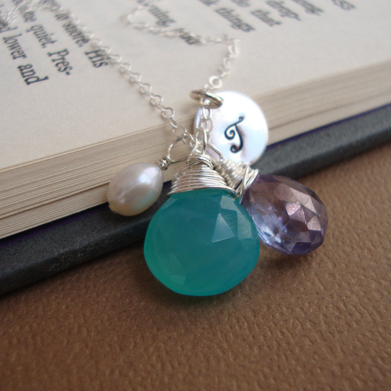 Multi Stone Necklace Charms Initial of Choice Sterling Silver Bridal Jewelry Lovely Gift, Aqua Colors, Fine Handcrafted Jewelry by lizix26