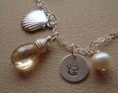 Sea Shell Bracelet Hand Stamped Initial Multi Charm Sterling Silver Bridal Gifts, Bridesmaids, Personalized, Stone of your Choice