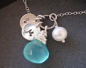 Personalized Necklace - Chalcedony Briolette Pearl and Hand Stamped Initials all SOLID STERLING SILVER - bridal, wedding, lovely gift