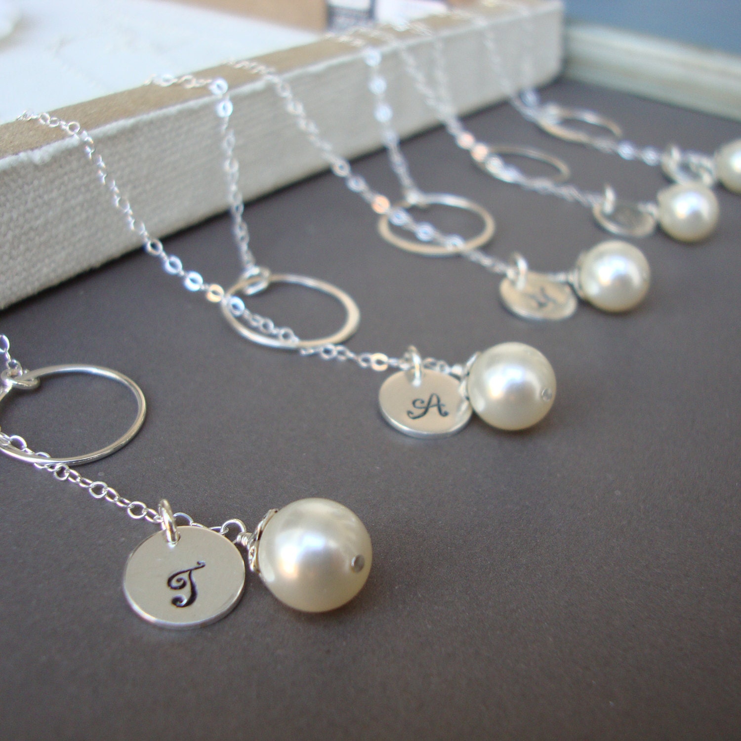 Silver Lariats SET of SIX  Dainty Bridal Personalized Lariat, Sterling Silver, Monogram, Swarovski Pearl, Elegant Wedding Jewelry