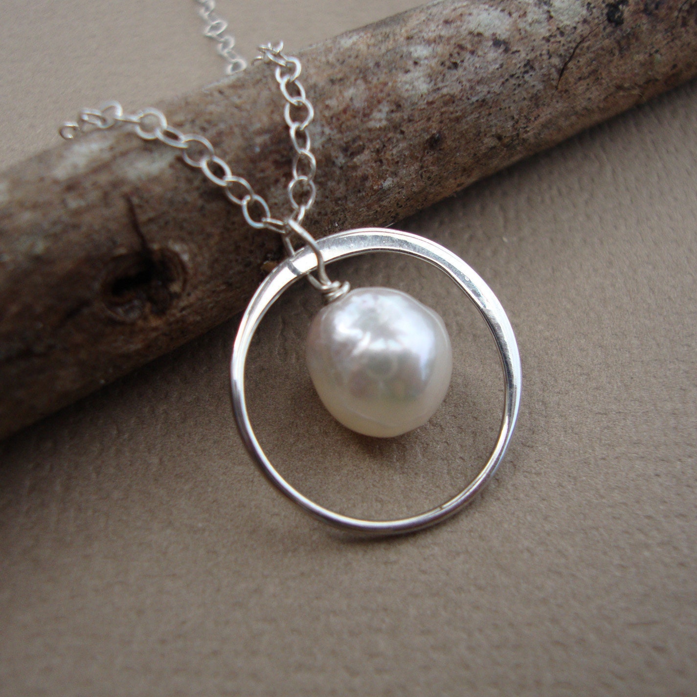 Tiny Circle and Akoya Pearl Necklace - All Solid Sterling Silver - Bridal Necklaces, Wedding, Bridal Favors, Dainty Elegant