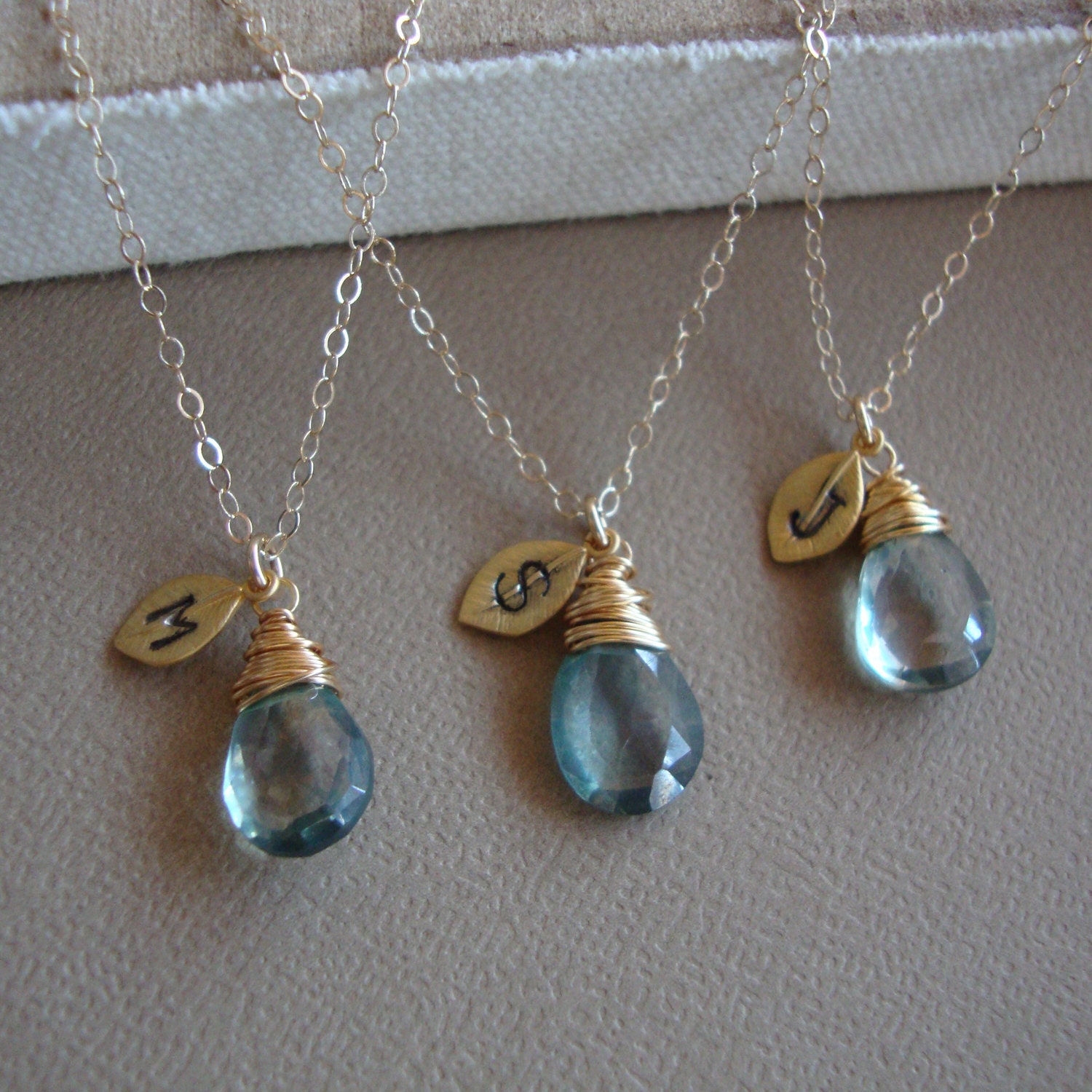 Three (3) Bridal Necklaces Hand Stamped Leaves, Gold Filled Chain, Wire Wrapped Mystic Quartz, Bridesmaids Wedding Jewelry