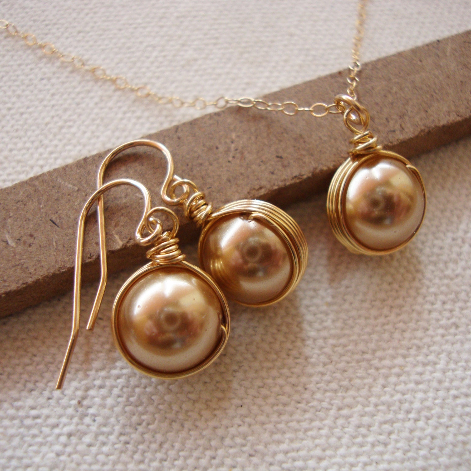 Gold Pearls Set -Necklace and Matching earrings- gold filled- Bridal Bridesmaids Wedding elegant set