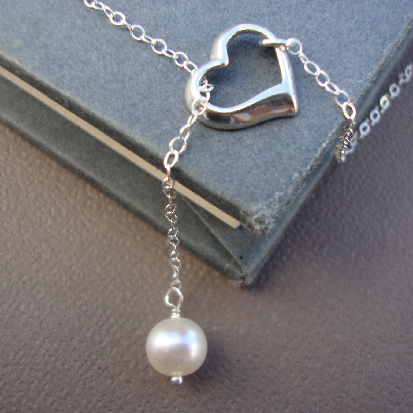 Heart Lariat Style Necklace - all Solid Sterling Silver- Bridal Party, Wedding, Best Friend, Lovely Gift