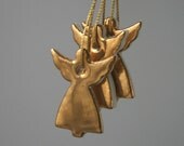 Three Little Golden Guardian Angels, Porcelain Decorations, Hand Painted Real Gold Lustre Ornaments