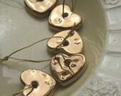 Five Little Gold Heart Decorations, Wedding Favor, Hand Painted Real Gold Lustre, Vintage Metal Thread