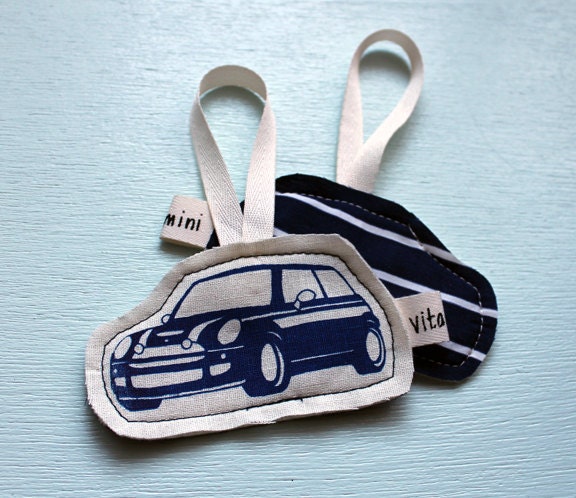MINI Cooper Fabric Ornament in Navy and Stripes.