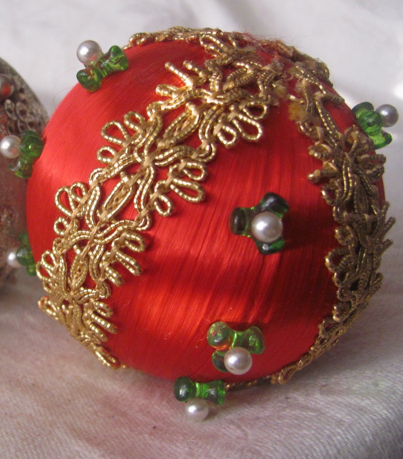 SALE Vintage 1960's Red Satin Handmade Christmas Ornament With Gold Trim And Pearls Was 6.99 Now 5.00