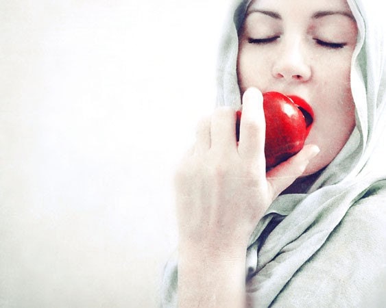 Snow White Portrait, 5x7 Photo, Red Apple, Winter White, Photograph by Elle Moss