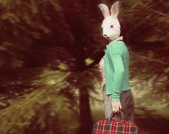 SALE Rabbit Mask Photo, Escape, 10x10 Photograph, Bunny Mask Suitcase, Surreal Print
