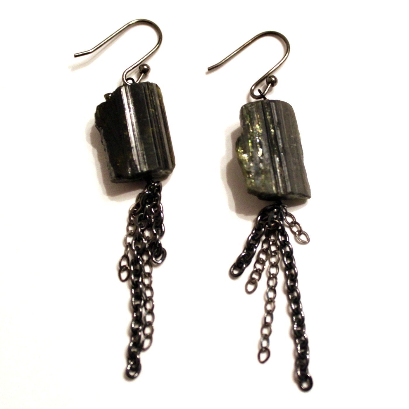 Dark green tourmaline and black short tassel earrings