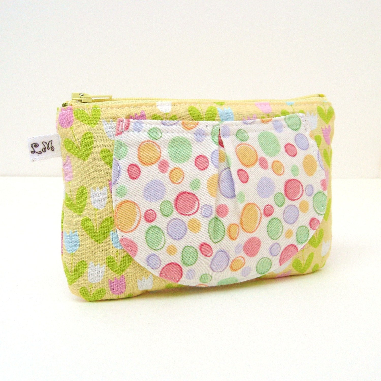 Zipper Pouch with Pocket - Pink BlueTulips and Dots on Yellow