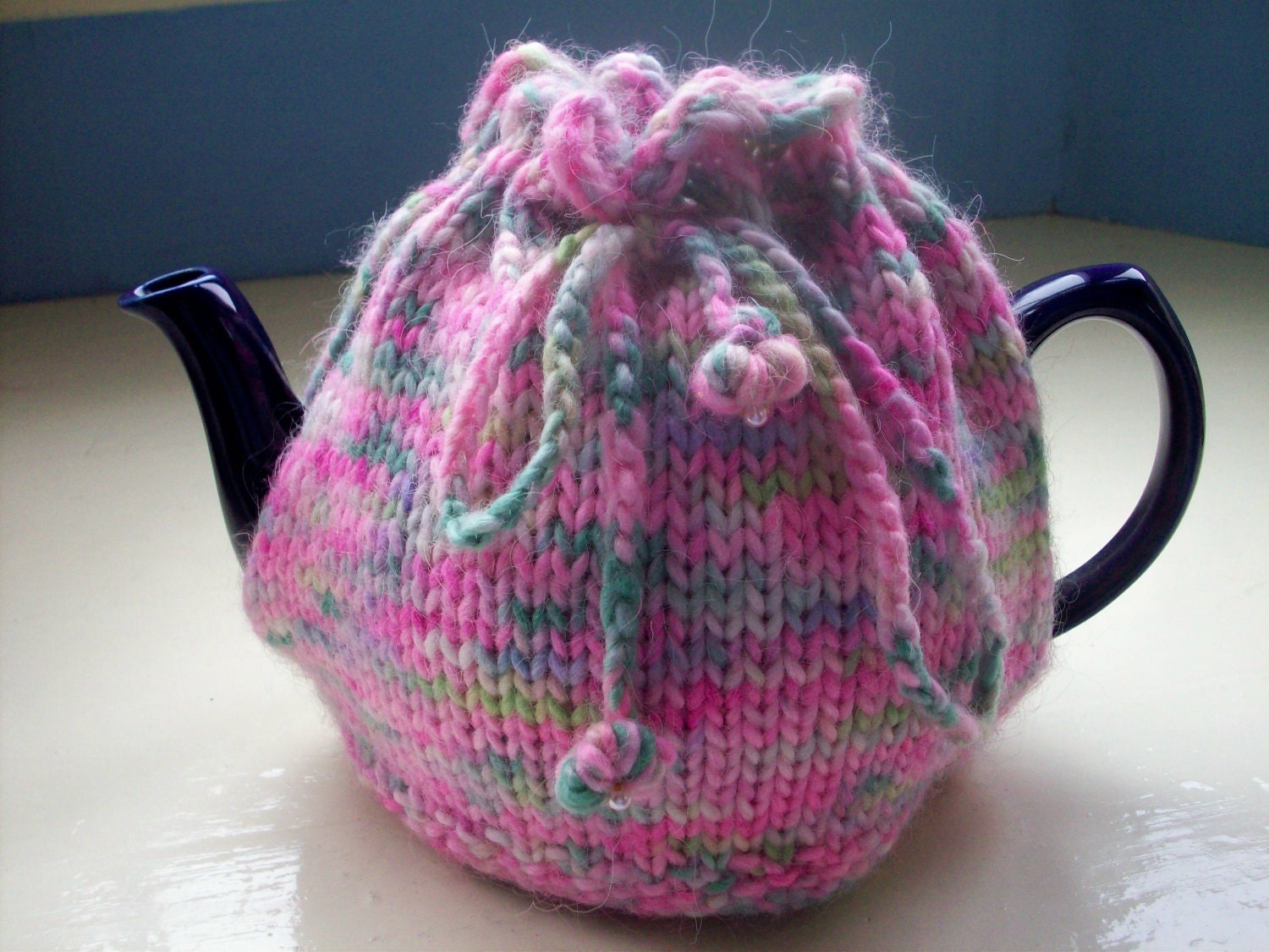 Pink Tea Cosy hand dyed pink green apple blossom fun
