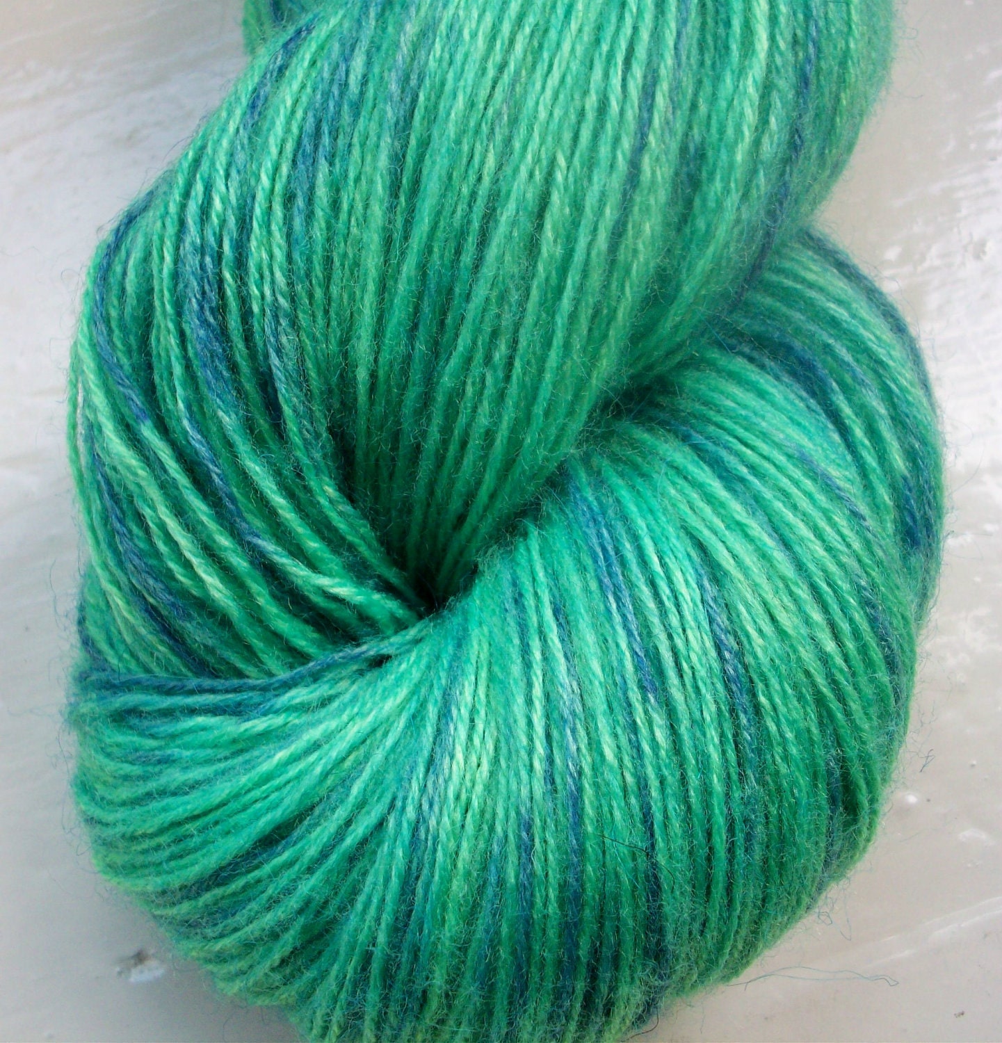 Hand painted yarn 100g. angora laceweight green blue