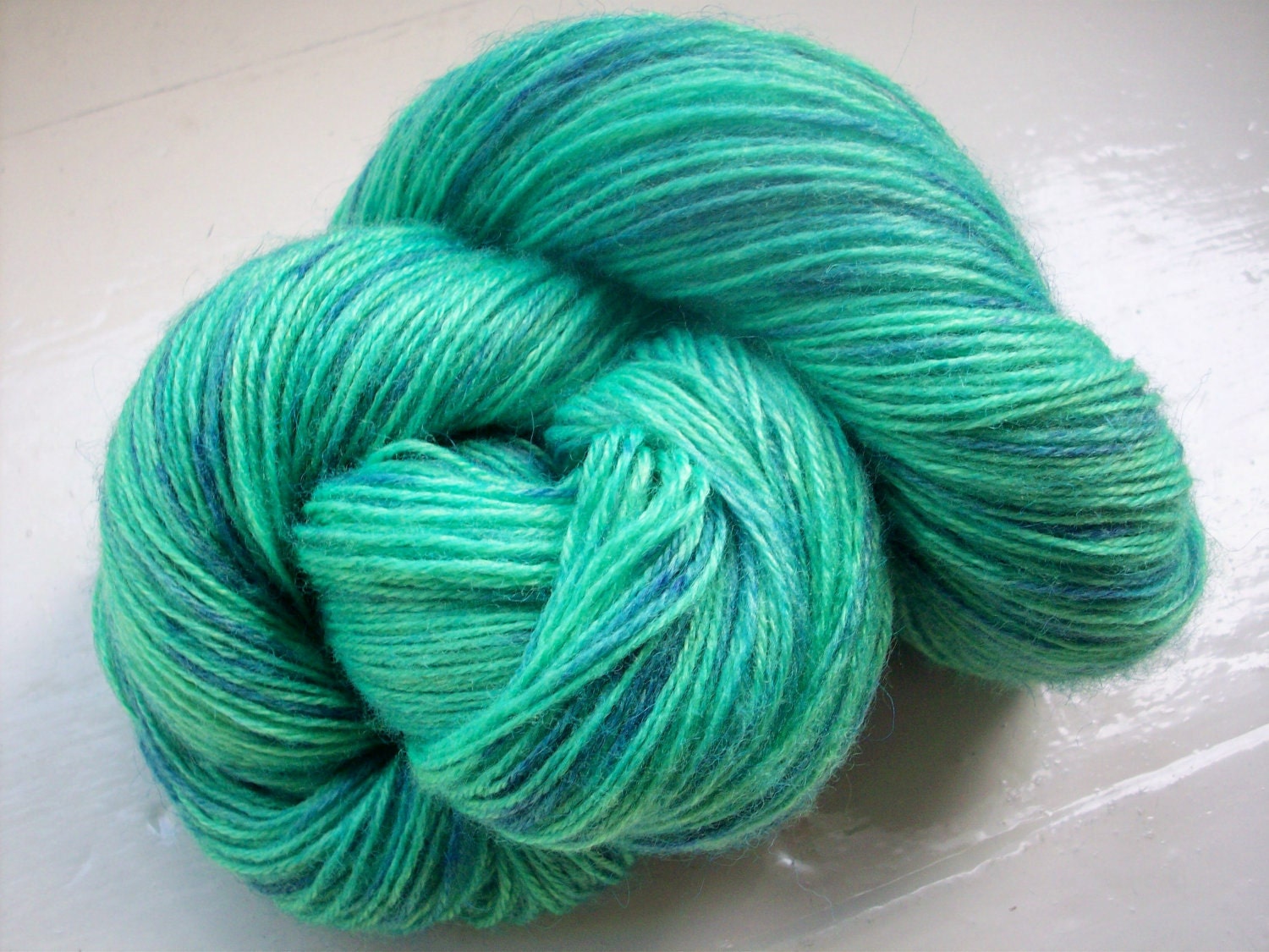 Hand painted yarn 100g. angora laceweight green blue