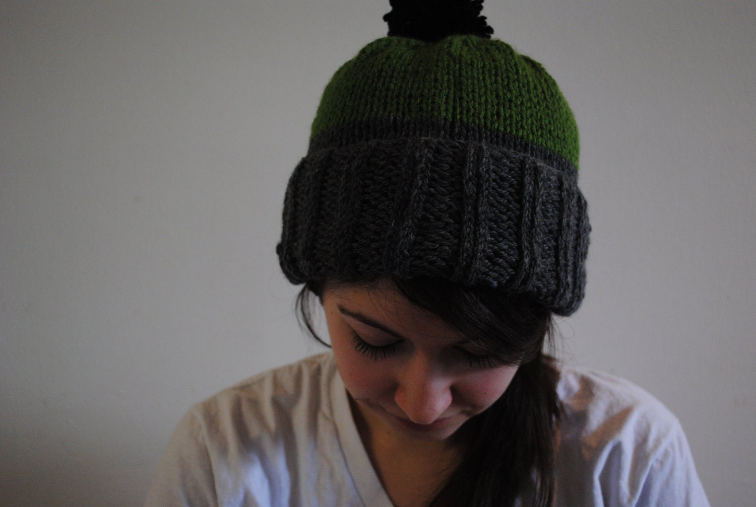 green and grey color block beanie