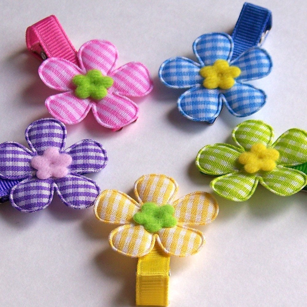 5 Big Gingham Flower Hair Clips with NON SLIP Grip