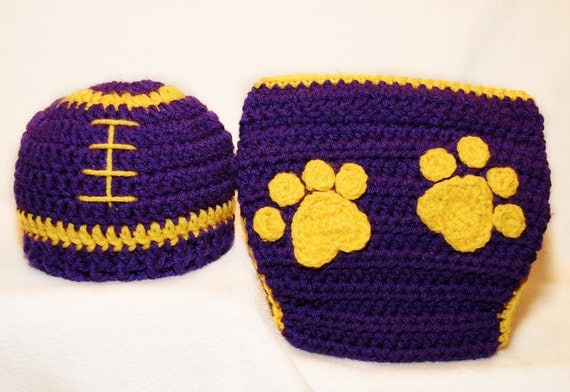 Lsu Football Hat and diaper cover set , crochet baby hat , diaper cover Size newborn 0 3  6 12 months MADE TO ORDER